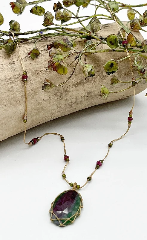 Warm Atmosphere Long Tibetan Gemstone Pendant, Rubis Zoisite