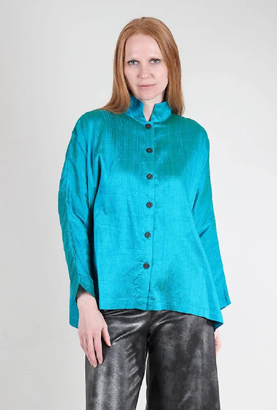 Lace Design Mandarin Silk Swing Shirt, Teal
