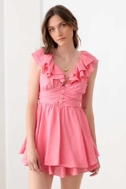 Single-shoulder Neck Design Mustard Seed Tie Back Front Button Ruffled Romper