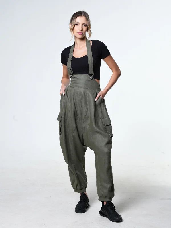 Daily Comfort Oversize Linen Jumpsuit In Khaki