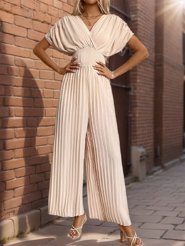 End Of The Year Pleated Short Sleeve Wide Leg Jumpsuit