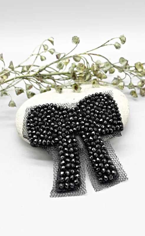 Exquisite Embroidery PLU Sparkle Button-On Patch, Mesh Bow/Black