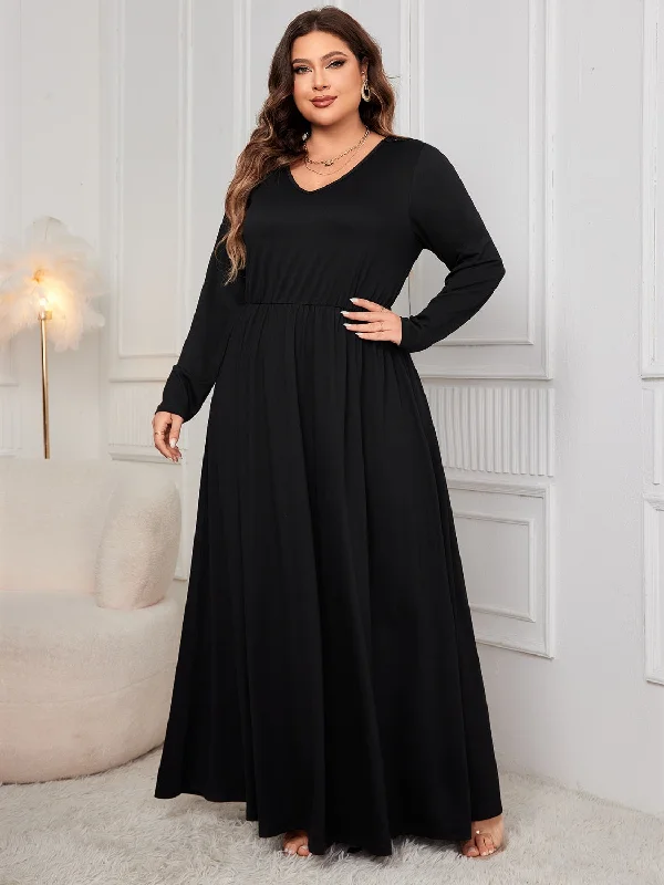 Trendy Dresses Plus Size Cutout V-Neck Long Sleeve Maxi Dress