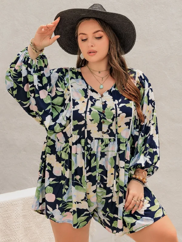 Elegant And Lazy Plus Size Tied Printed Long Sleeve Romper