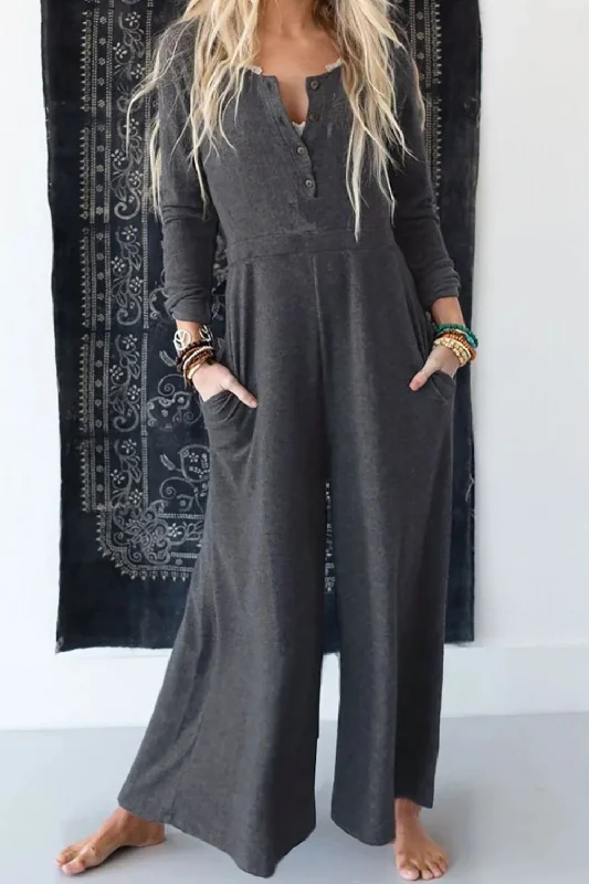 Comfortable Design Pocketed Long Sleeve Wide Leg Jumpsuit