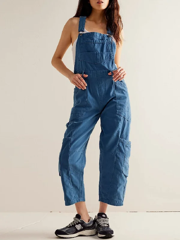 Embroidery Design Pocketed Wide Strap Denim Overalls