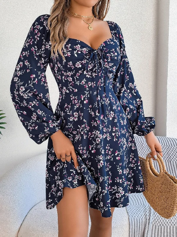 Thin Design Printed Sweetheart Neck Balloon Sleeve Mini Dress