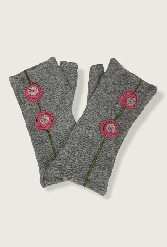 Elegant Outline Recycled Cashmere Handwarmers, Double Rose/Pink on Gray