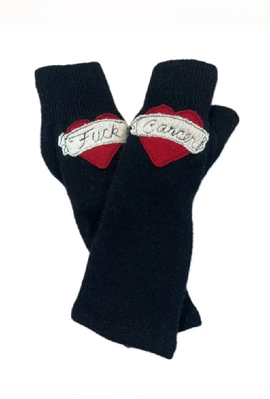 Fashion Concept Recycled Cashmere Handwarmers, F* Cancer/Red on Black