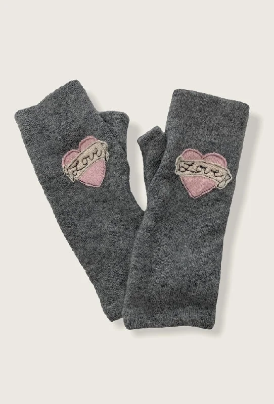 Luxury Classic Recycled Cashmere Handwarmers, Love Heart/Pink on Gray