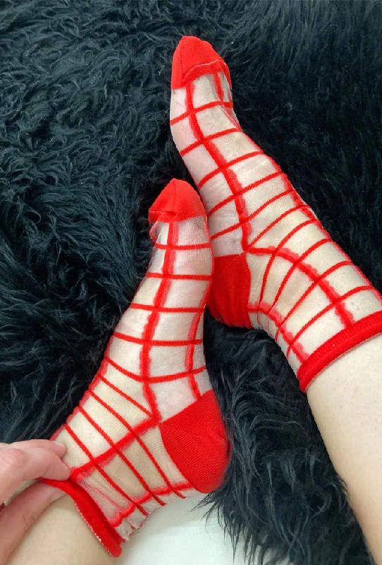 Unique Design Sheer Windowpane Sock , Classic Red