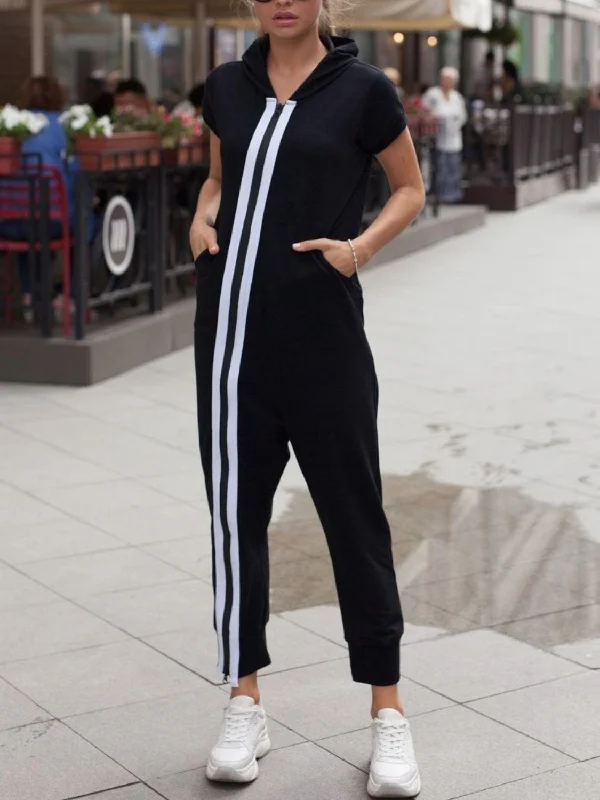 Girl Style Striped Short Sleeve Hooded Jumpsuit
