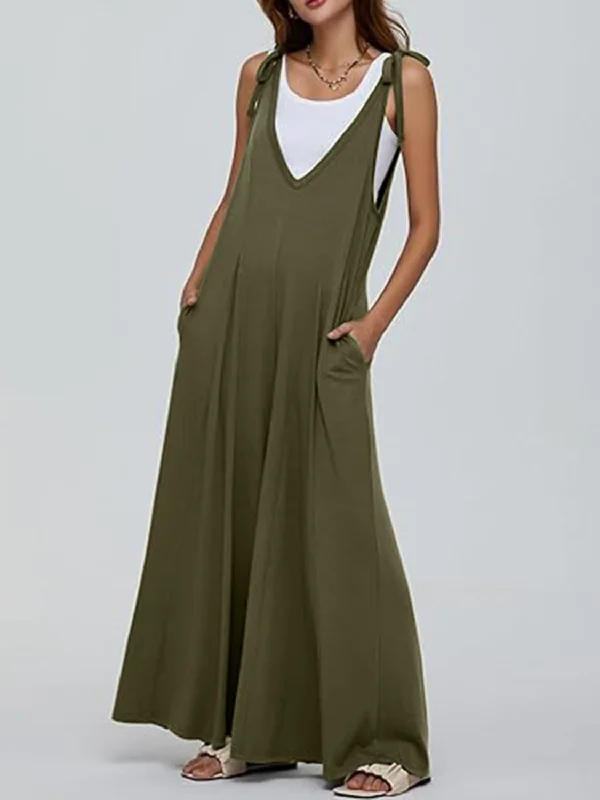 Breathable Style V-Neck Tie Shoulder Jumpsuit