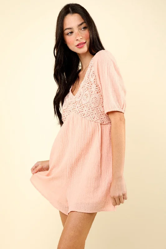 High-quality Fabrics VERY J Lace Detail Puff Sleeve Romper with Pockets