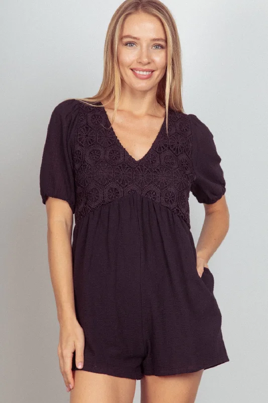 Basic Version VERY J Lace Detail Puff Sleeve Romper with Pockets