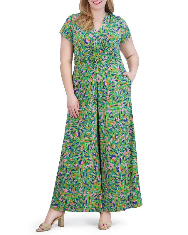 Soft Casuals Plus-Size Printed Twist-Detail Jumpsuit