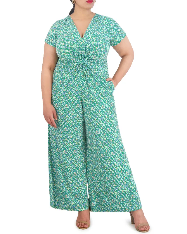Knowledge And Elegance Plus-Size Printed Twist-Front Flared-Leg Jumpsuit