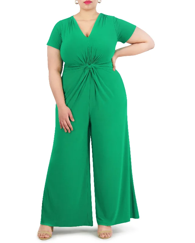 Soft Fabric Looks Plus-Size Twist-Front Flared-Leg Jumpsuit