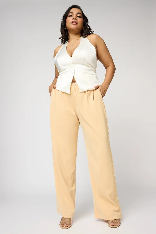 Elegant And Noble Maple Beige Curve Pleated Straight Korean Pants