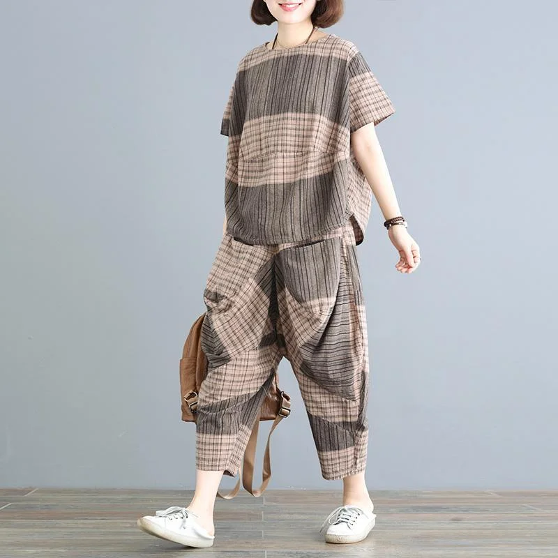 Classic Retro Babakud Plaid Color Block T-Shirt Pants Two Pieces Sets