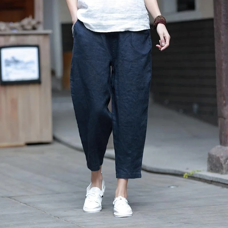 Elegant Comfort Babakud Women Cotton And Linen Casual Cropped Pants