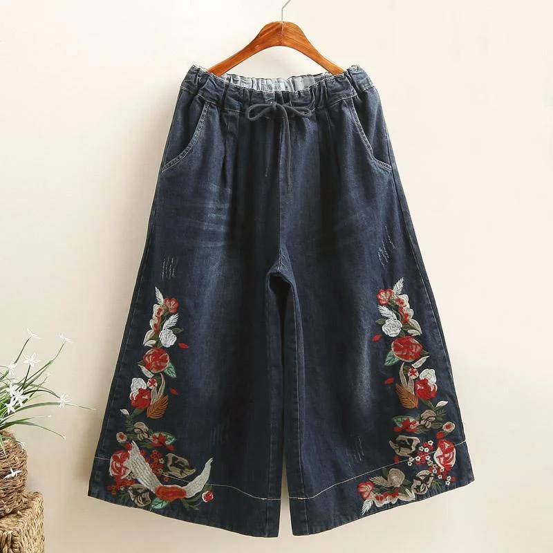 Cozy Fashion Trends Babakud Women Retro Embroidered Denim Wide-Leg Pants