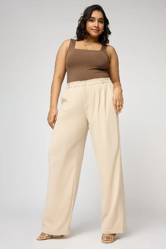 Street Charm Soft Ivory Curve Pleated Straight Korean Pants