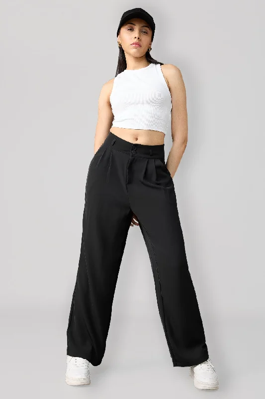 British Fashion Classic Pleated Wide Leg Korean Pants - Black
