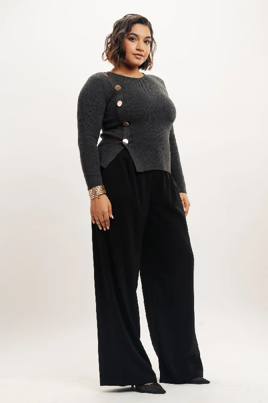 Lively And Youthful Black Pleated Straight Fit Curve Korean Pant