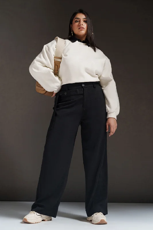 Stylish Wear Black Quill Curve Strap Detailed Korean Pants