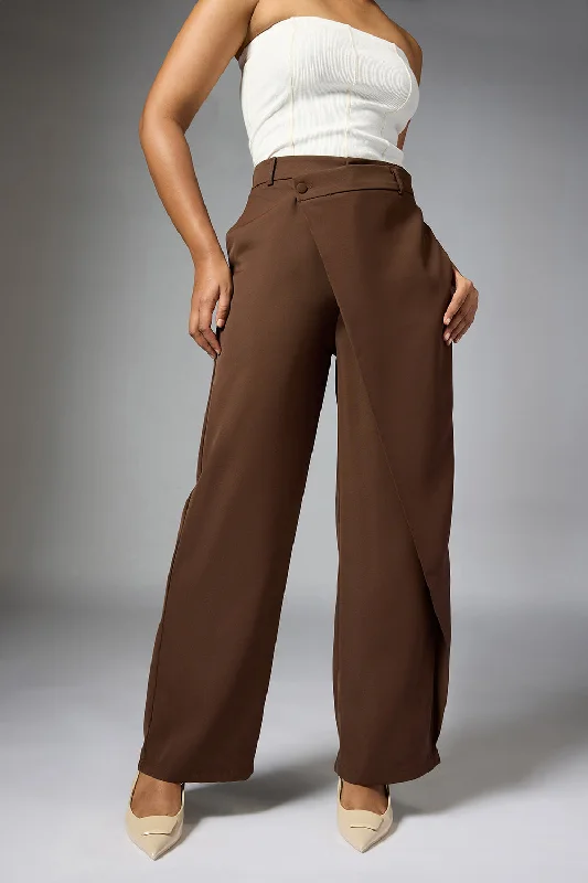 Cozy Vibes Cedar Brown Wrap Front Korean Pants