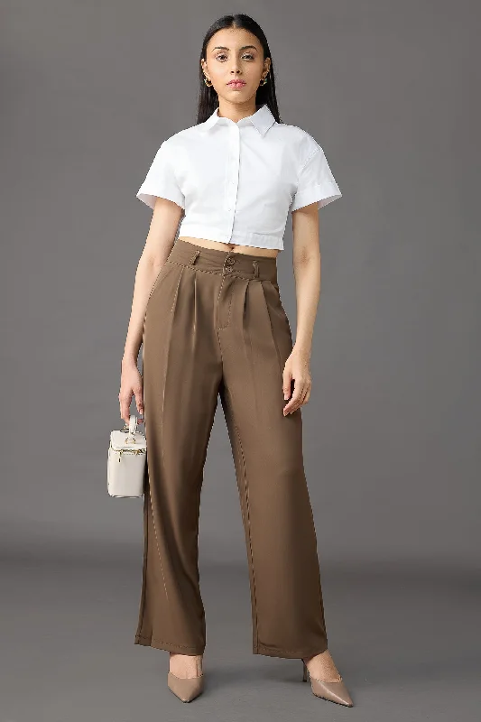 Cute Design Classic Pleated Wide Leg Korean Pants - Olive Brown
