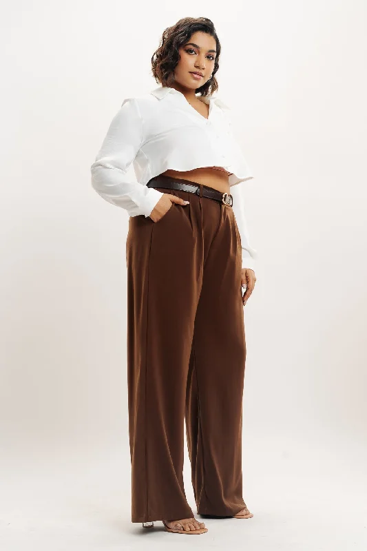 Free Design Brown Pleated Straight Fit Curve Korean Pants