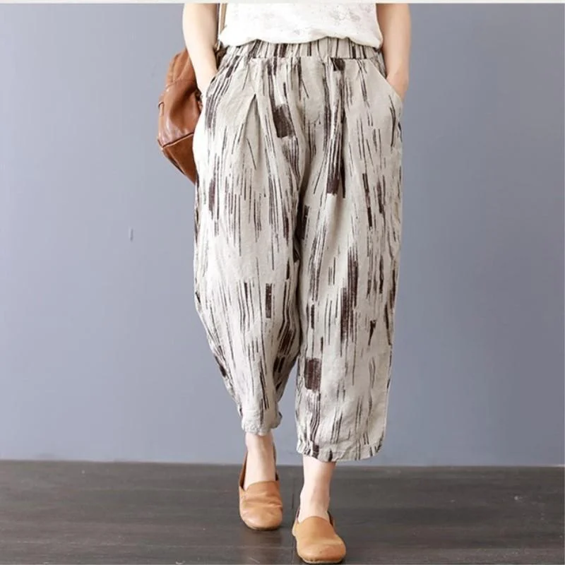 Design And Tailoring Casual Cotton Linen Striped Wide Leg Harem Pants