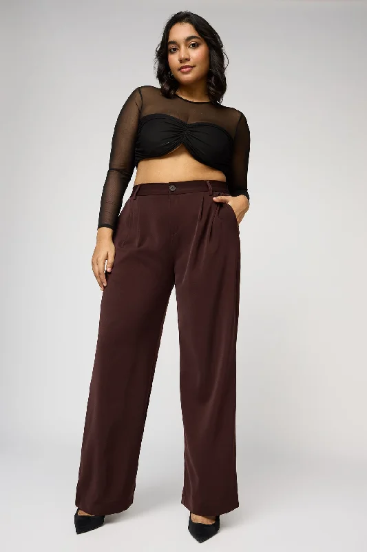 Relaxed Weekend Wear Burnt Sienna Curve Pleated Straight Korean Pants