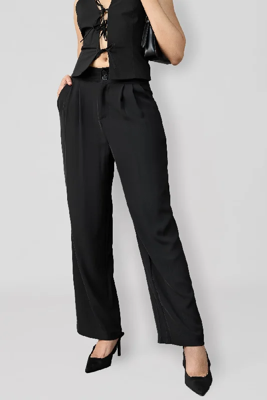 Elegant And Casual Midnight Black Korean Pleated Pants