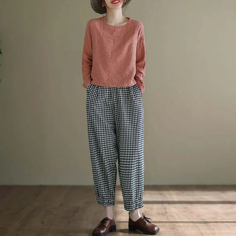 Goddess Outfit Cotton Linen Casual Plaid Harem Pants