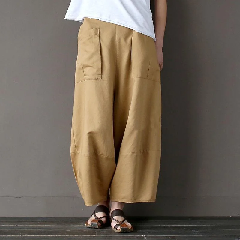 Beautiful Romance Cotton Linen Elastic Waist Pants With Pockets