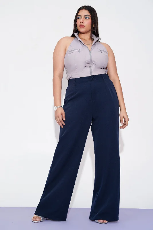 Slightly Flared Design Neon Navy Curve Adjustable Korean Pants