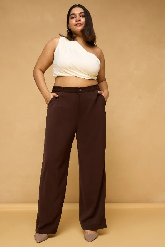 Elegant Style Curve Dark Brown Sleek Korean Pants