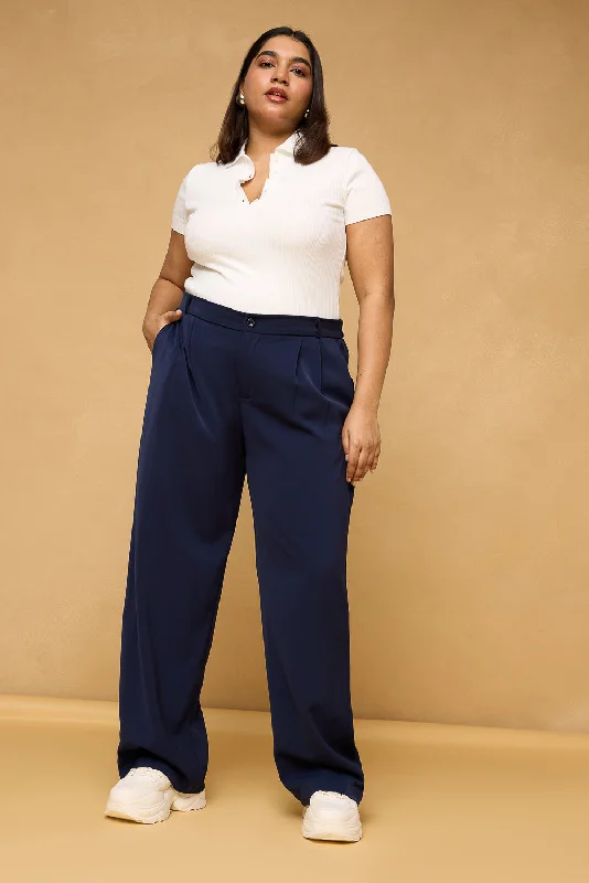 European Plan Curve Navy Blue Pleated Korean Pants
