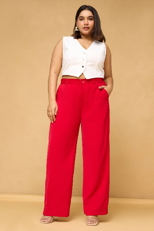 Simple Design Curve Scarlet Red Sleek Korean Pants