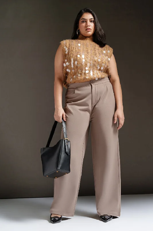 Relaxed Fashion Dark Taupe Curve Textured Korean Pants