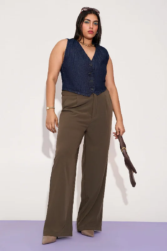 High-end Design Dusky Brown Curve Pleated Double Button Korean Pants
