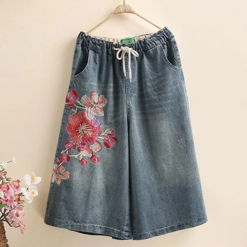 Personal Charm Embroidery Flowers Denim Loose Wide Leg Pants