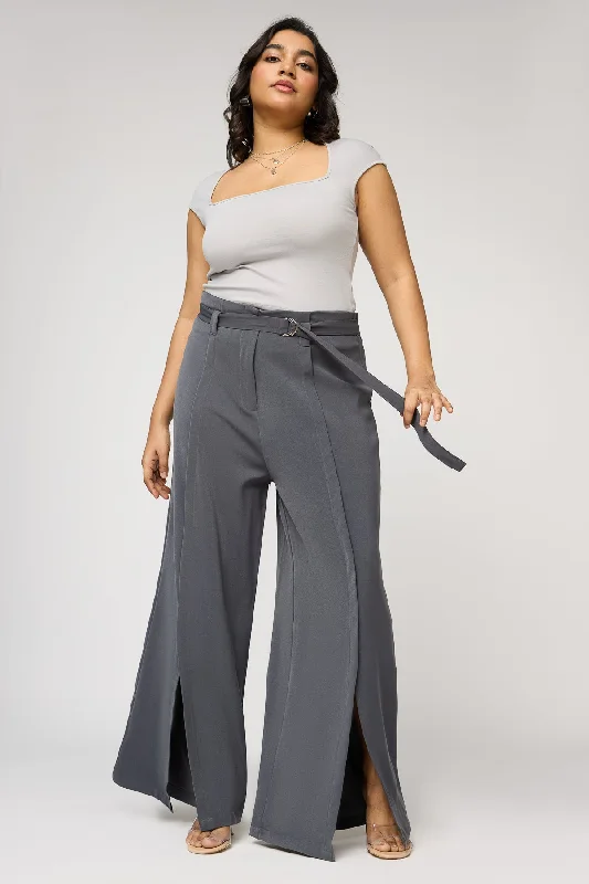 Timeless Outfits Dove Grey Curve Belted Flared Korean Pants