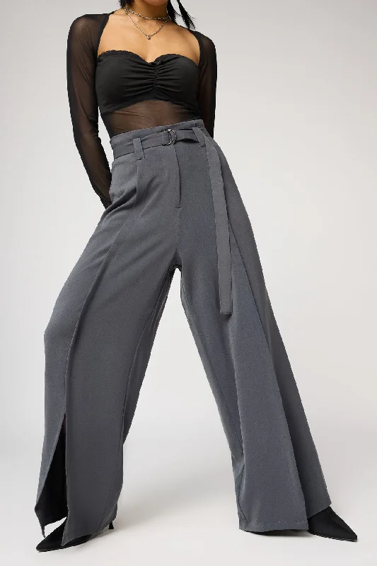 Casual Wear Silken Grey Belted Flared Korean Pants