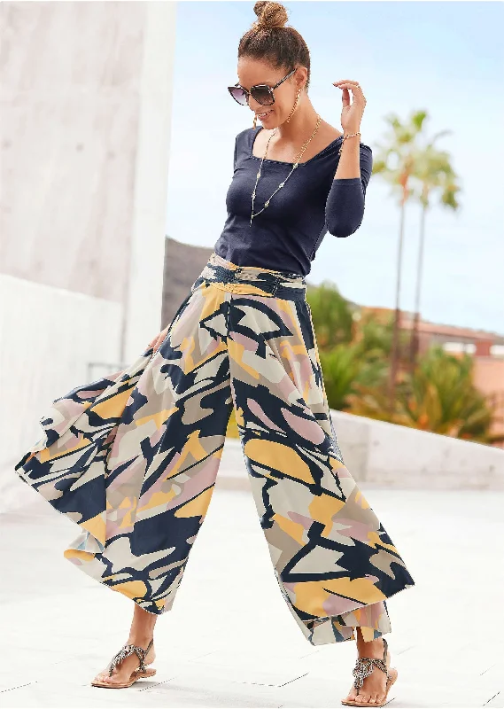 Luxury Temperament Printed Flowy Pants - Navy Multi