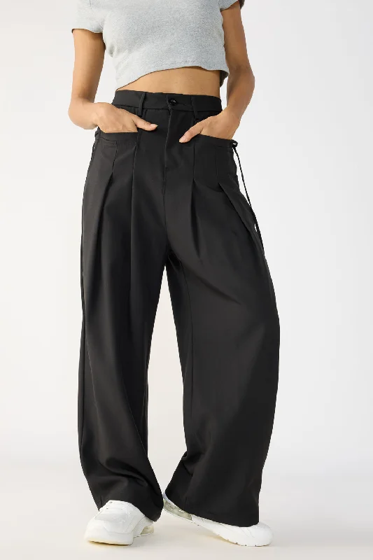 Sports Style Black Wide Flat Pocket Korean Pants
