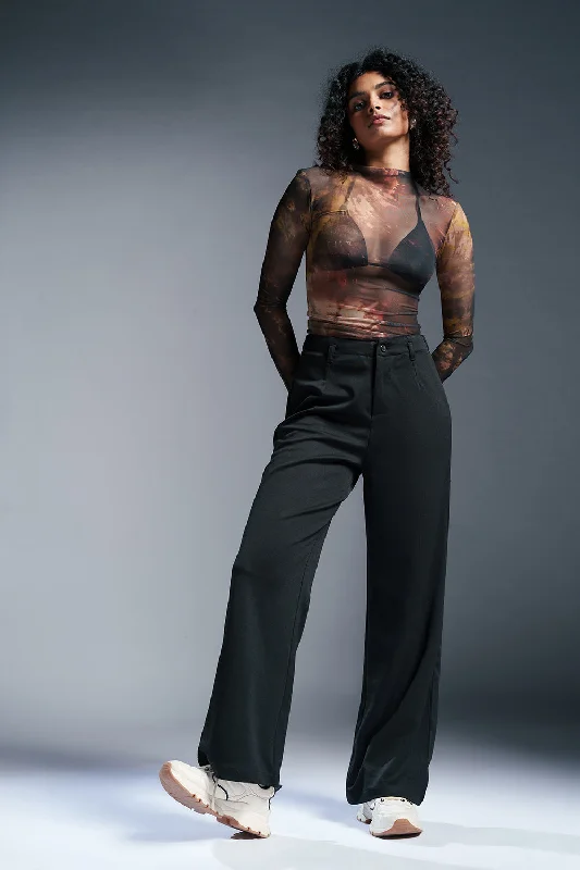Elegant Outline Lacquer Black Wide Leg Adjustable Korean Pants